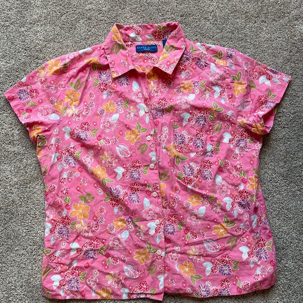 Women’s Karen Scott Sport Vintage Pink Floral Button-Up Shirt- Size Large